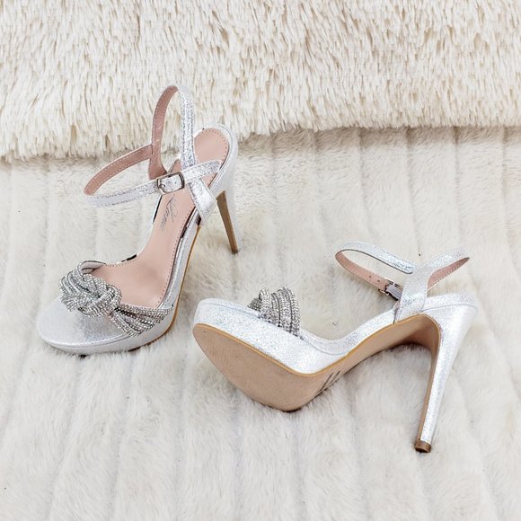 Gorgeous Silver Shimmery Platform Rhinestone High Heel Sandals Shoes - Picture 4 of 13